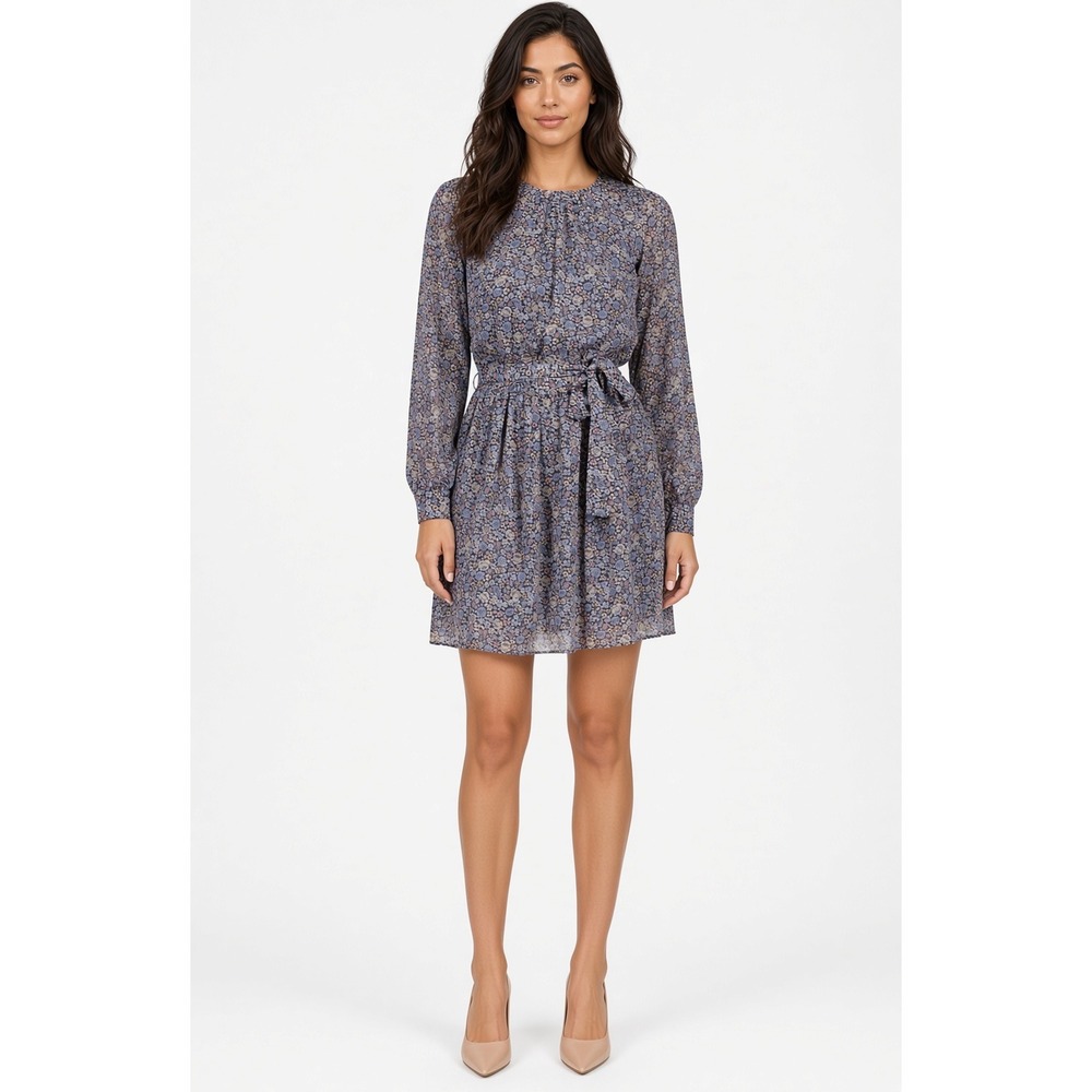 Michael Kors Blue Floral Metallic Long Sleeve Mini Dress Petite Small P/S New